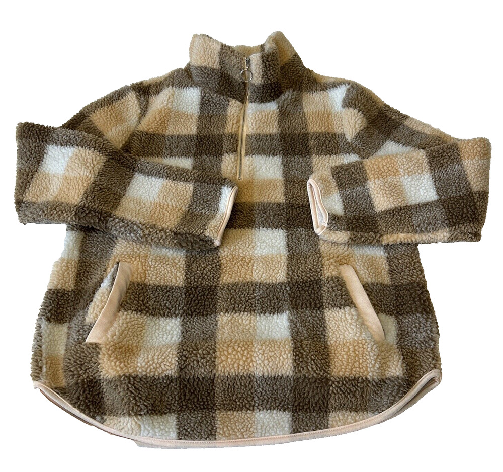 Angashion Women's 1/4 Zip Sherpa/Fleece Jacket Sz M Plaid Fuzzy Lined Pullover